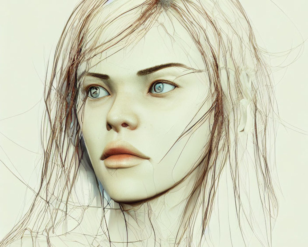 Detailed digital artwork of female face with sketched lines and contours, blue eyes, and intricate hair outline