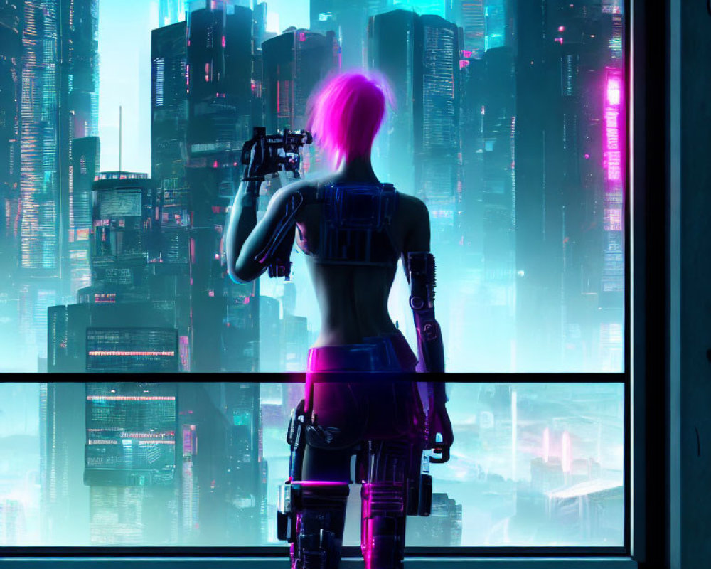 Futuristic cyberpunk art: Pink-haired figure gazes at cityscape