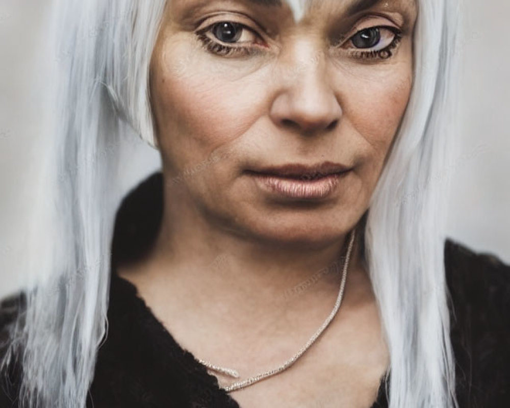 Close-up photo of woman with white hair, brown eyes, black top, silver necklace.