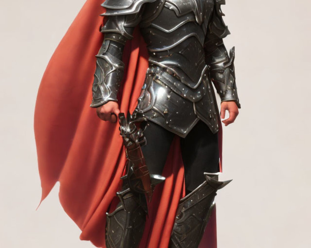 Detailed digital artwork of valiant knight in silver armor with red cape and sword.