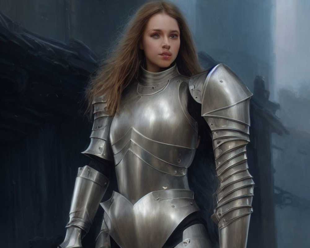 Woman in Full Plate Armor with Long Flowing Hair Stands in Misty Medieval Cityscape