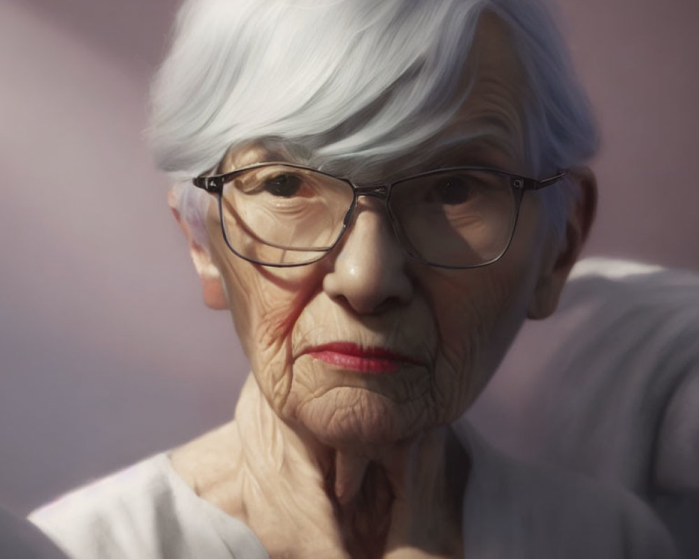 Elderly woman with white hair and glasses in stern expression