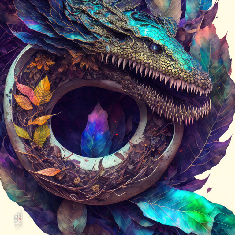 Colorful Mythical Serpent Illustration with Leaves and Feathers