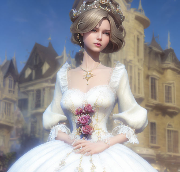 Digital artwork: Woman as princess with tiara, necklace, white flower dress by castle