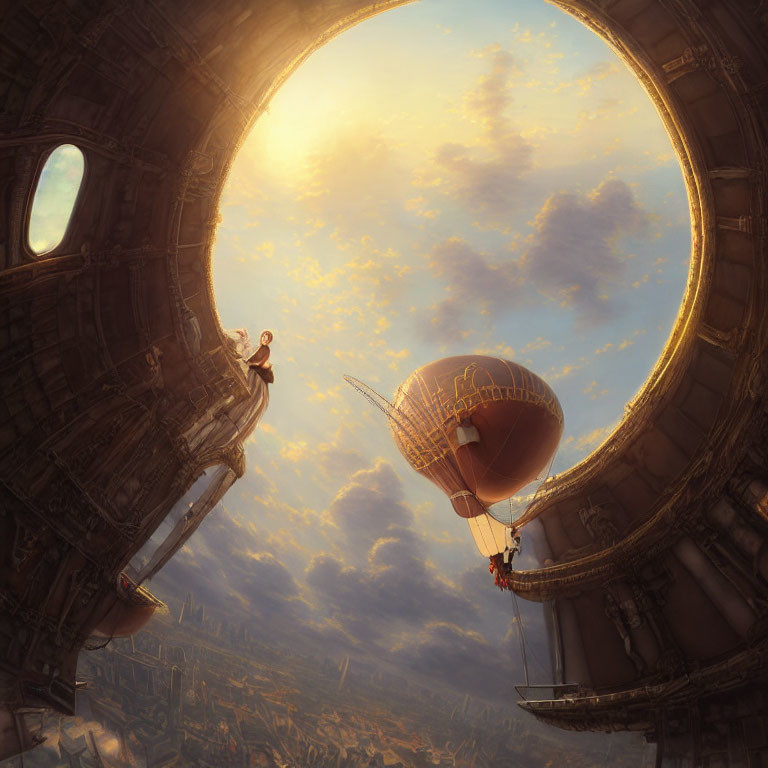 Person on Circular Architecture Edge Watching Hot Air Balloon and Cityscape