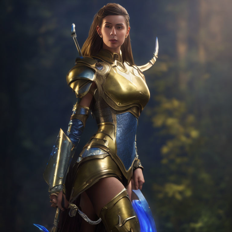 Female Warrior in Golden Armor with Sword in Forest Setting