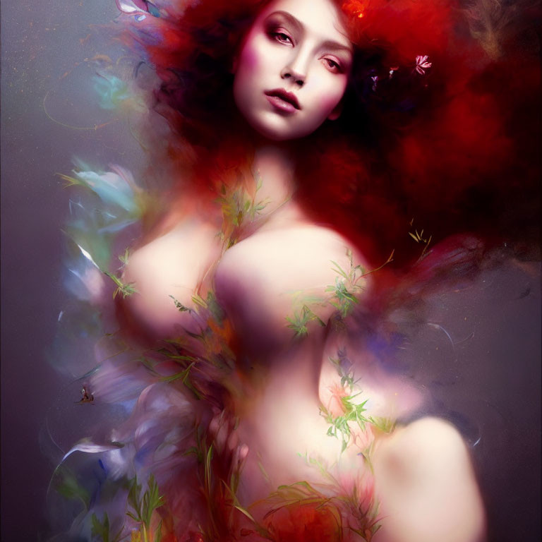 Surreal portrait of woman with flowing red hair and ethereal foliage