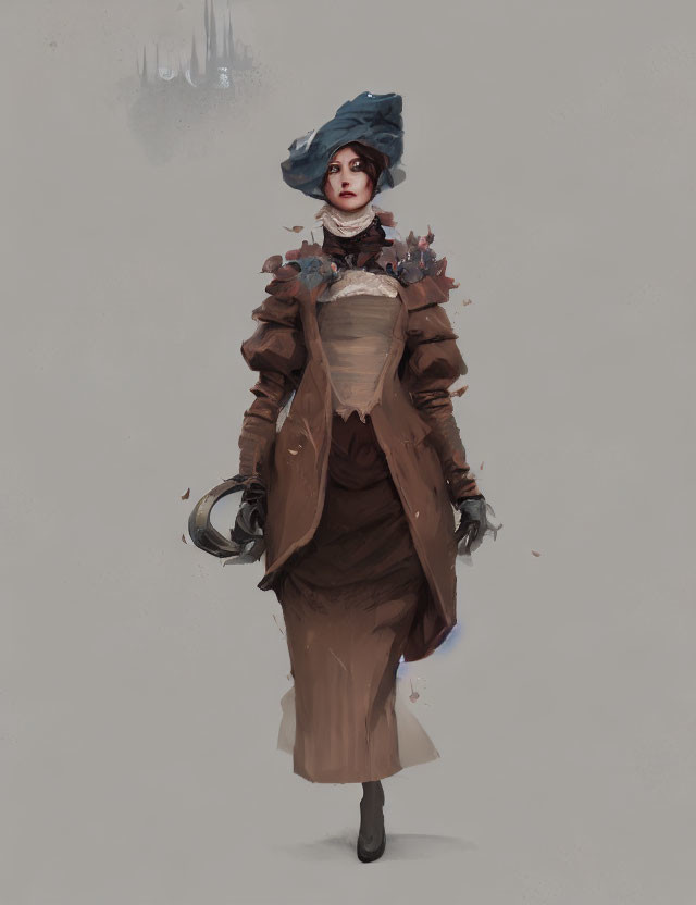 Victorian-inspired woman in blue hat with helmet, digital painting on gray background