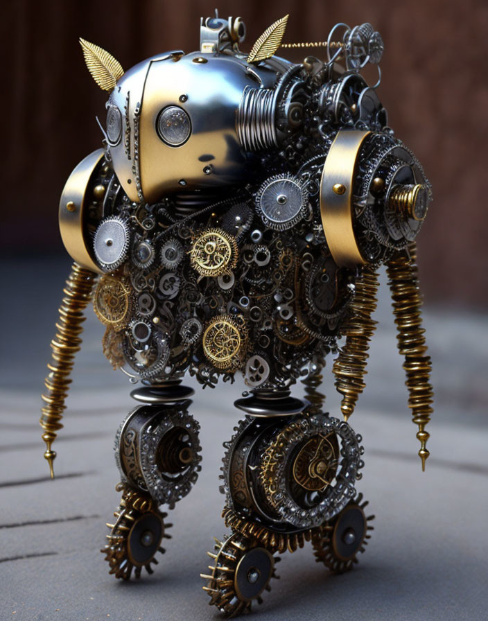 Detailed Steampunk-Style Robotic Owl with Golden Accents