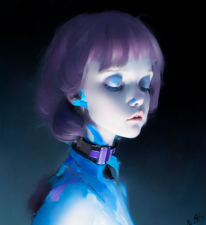 Digital painting of a person with purple hair and blue skin against dark background