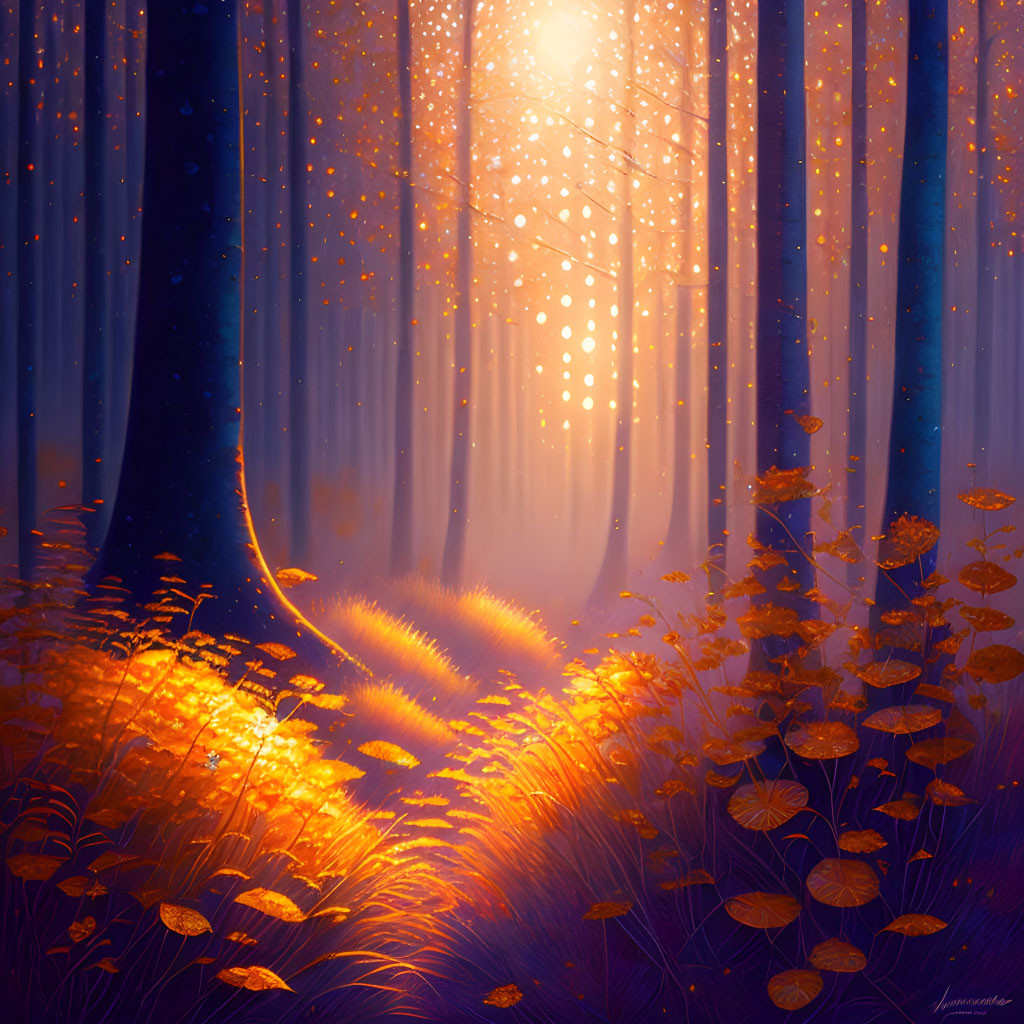 Golden-lit forest with floating specks and glowing leaves