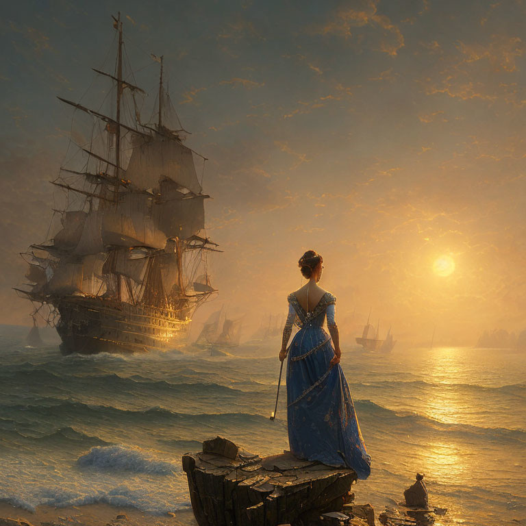 Woman in Blue Dress Watches Tall Ship at Sea Sunset