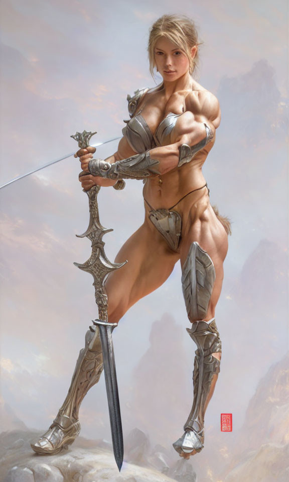 Muscular female warrior in ornate armor with longsword and shield against mountainous backdrop