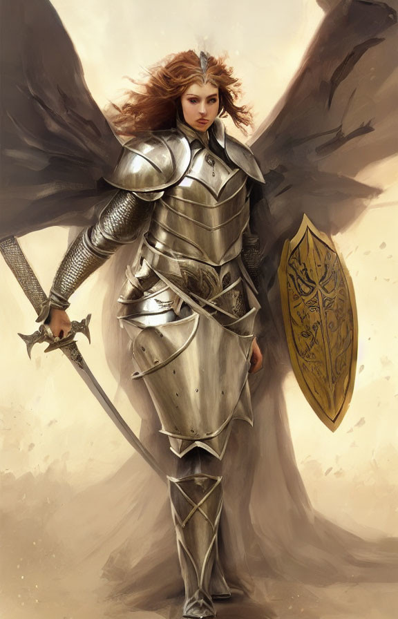 Female warrior digital art: red-haired figure in silver armor with sword and shield against misty sky