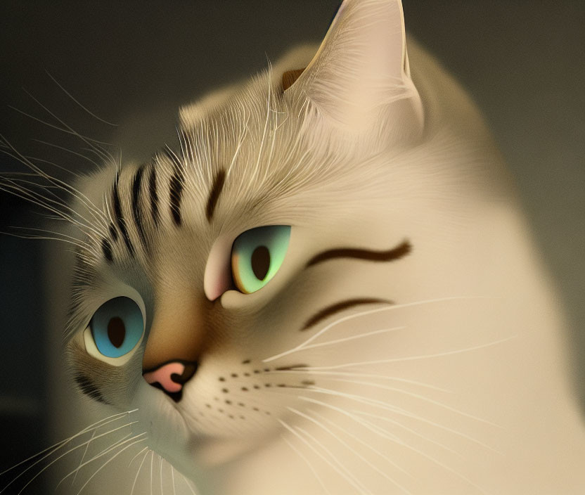 Detailed 3D-animated cat with white fur and expressive eyes