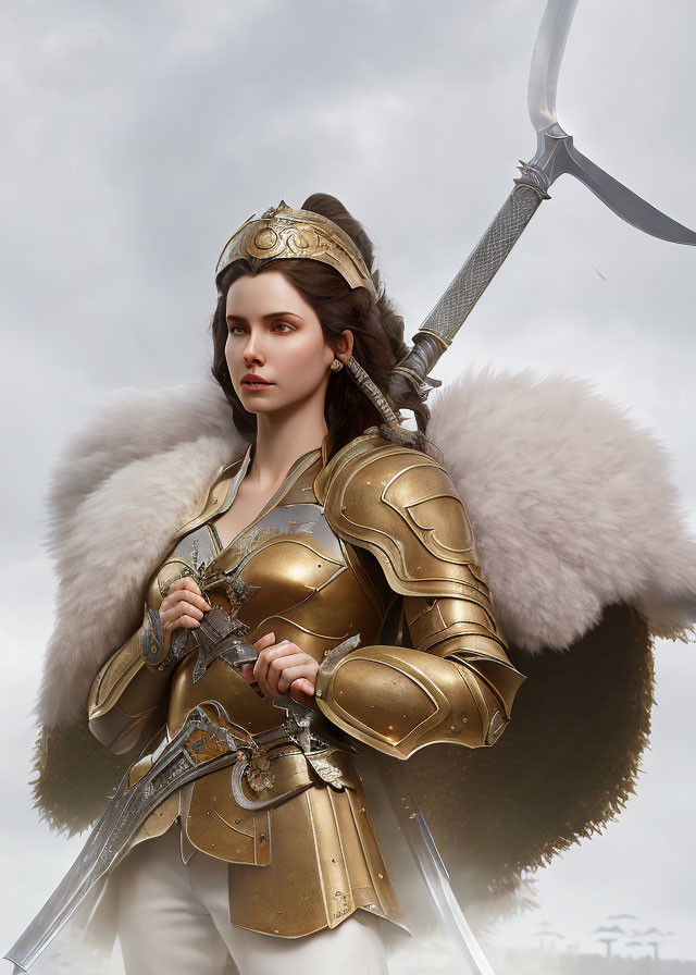 Female warrior in golden armor with silver sword under cloudy sky