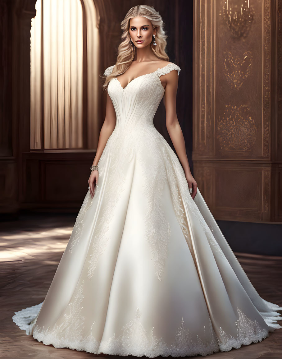 Elegant off-the-shoulder wedding dress with embroidered details in luxurious room