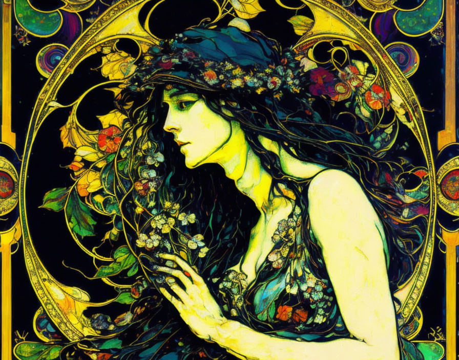 Art Nouveau Woman Illustration with Flowing Hair and Floral Adornments