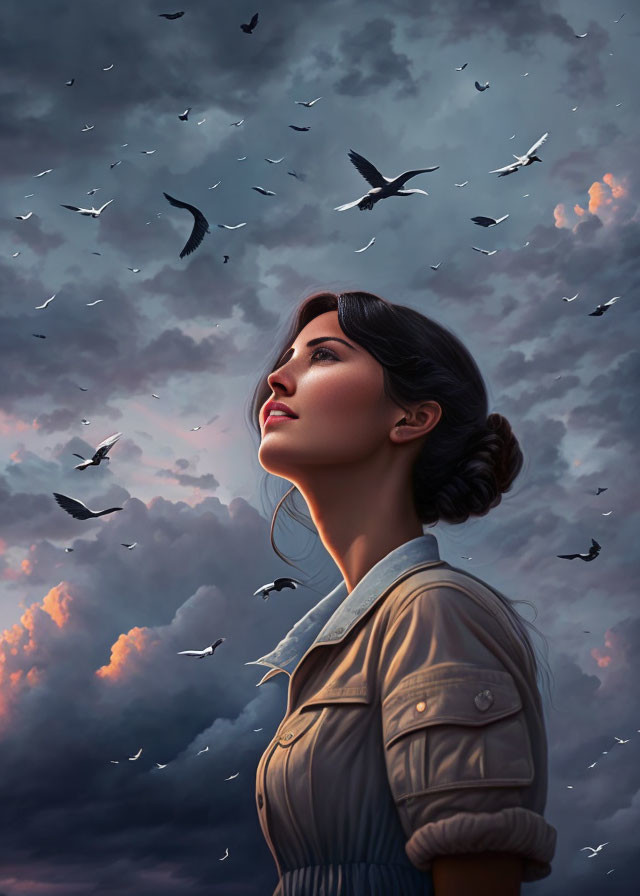 Woman gazes at cloudy sky with flying birds