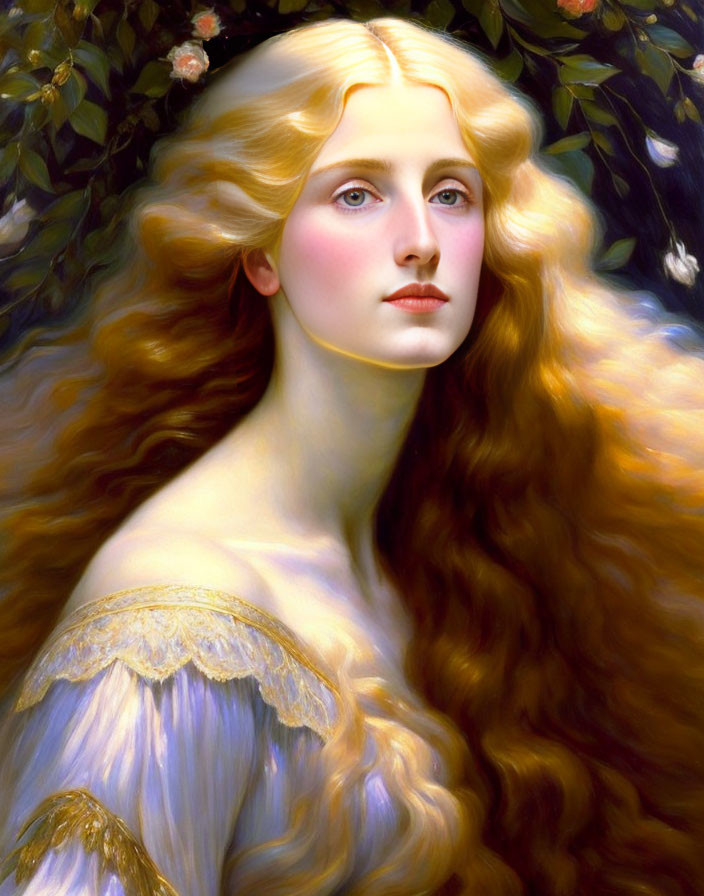 Portrait of woman with golden hair in white dress against dark leaves