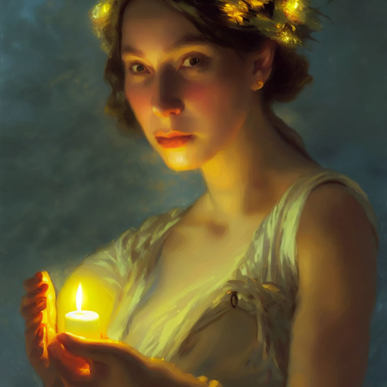 Floral headpiece person holding lit candle in dim light