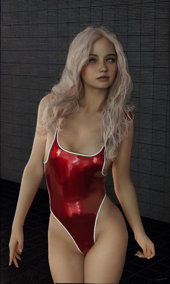 Blonde Woman in Red Swimsuit on Dark Background