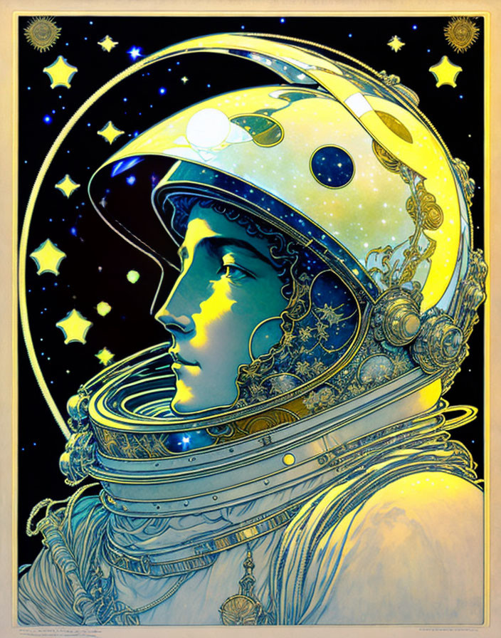 Celestial-themed person in ornate spacesuit with stars in golden-blue palette