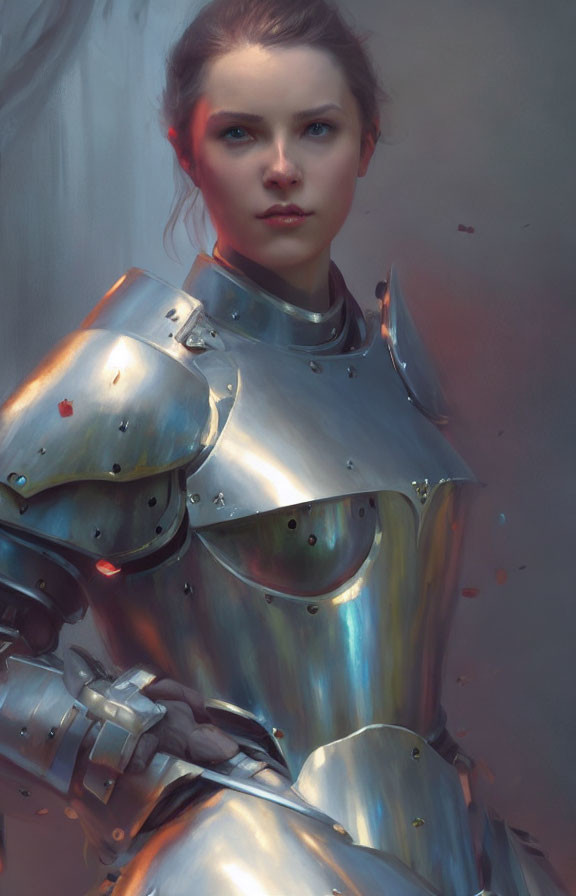 Female Warrior in Polished Silver Armor Artwork in Soft-focus Background