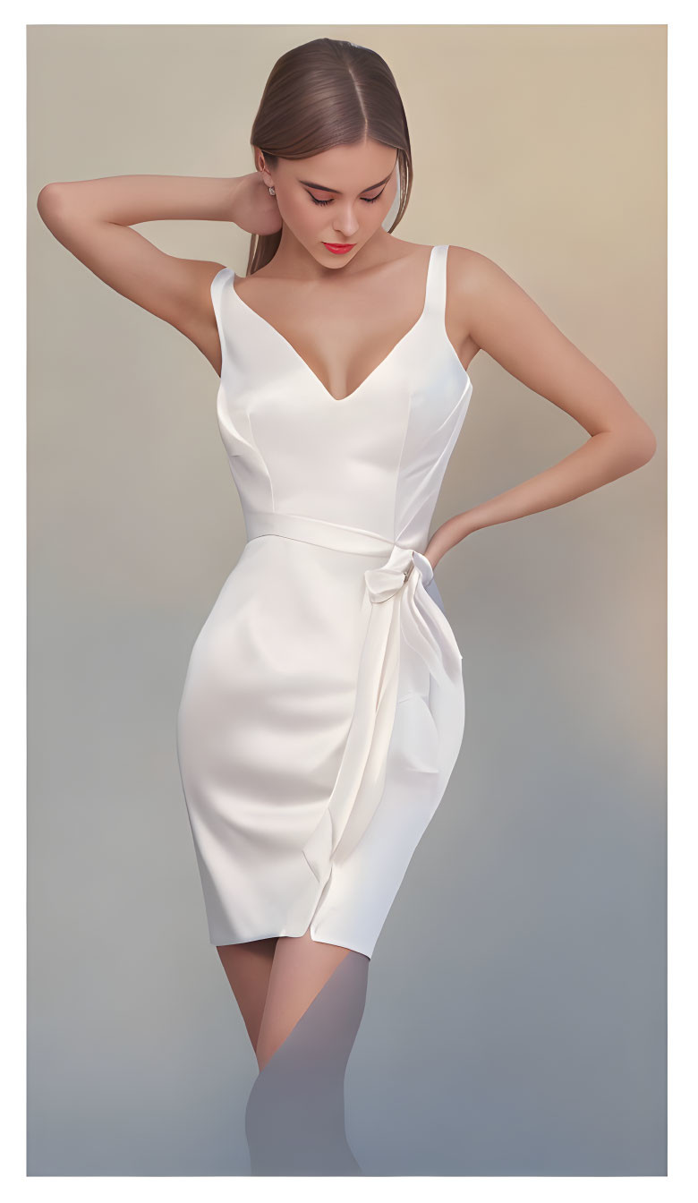 Woman in White Sleeveless Dress with V-Neckline and Bow Detail posing on Soft Background