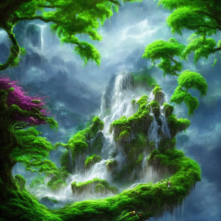 Lush greenery and waterfalls on a floating island surrounded by mist