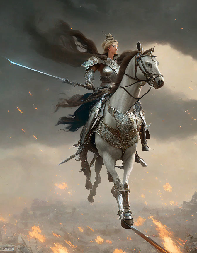 Majestic warrior queen on white horse in gleaming armor wields sword in battle.