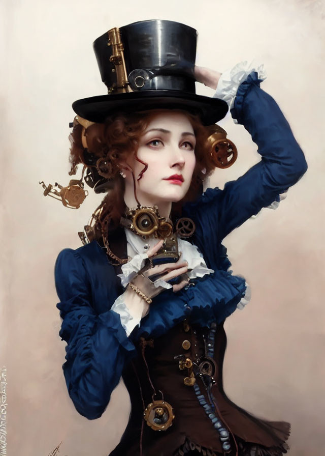 Steampunk-themed woman in top hat and monocle, ruffled blue blouse and corset.