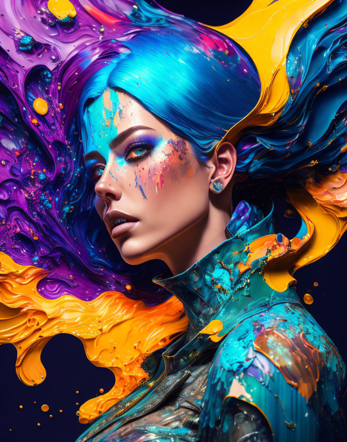Colorful portrait of a woman with striking blue hair against vibrant swirling backdrop