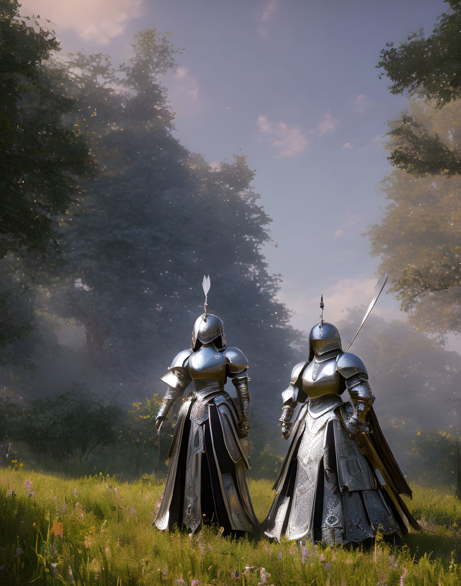 Two knights in shining armor with drawn swords in sunlit forest clearing