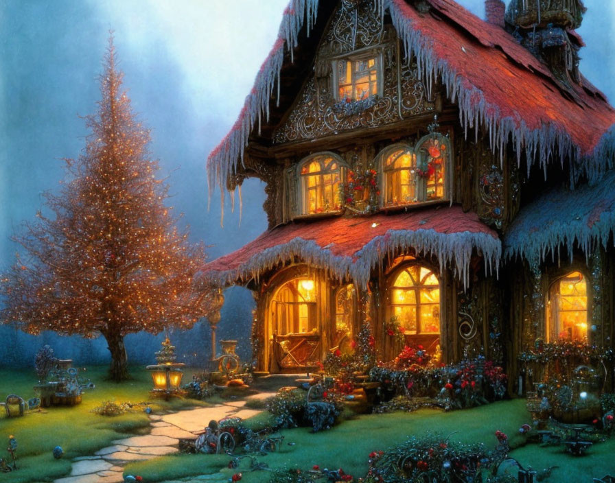 Cozy Christmas cottage with icicles in winter twilight