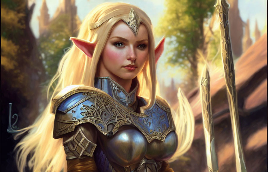 Blonde Elven Warrior in Armor with Sword and Tiara in Forest