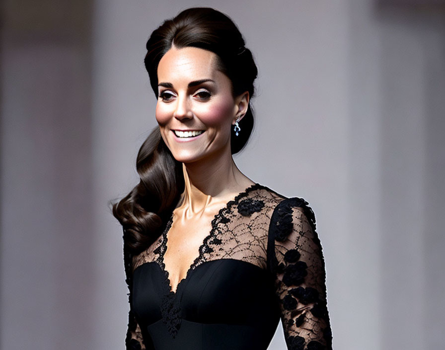 Brunette woman in black lace dress smiling with long hair and earrings