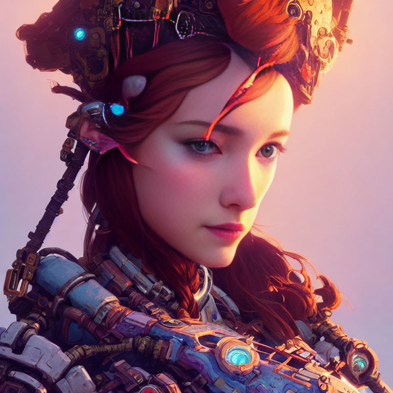 Futuristic digital portrait of young woman in red headpiece