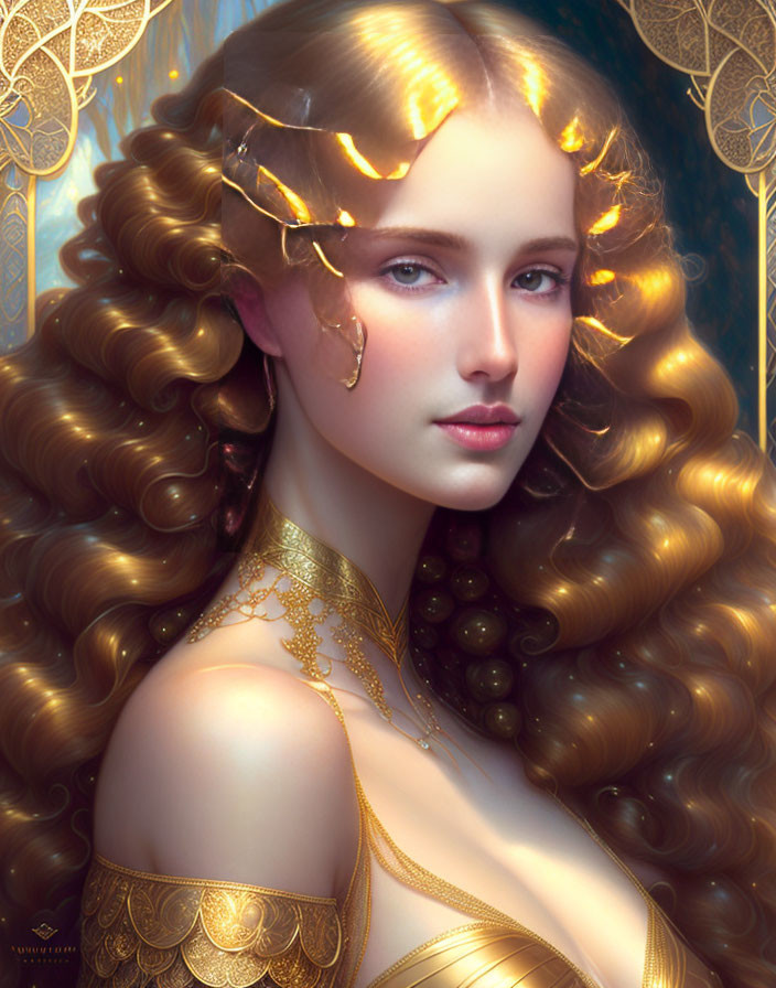 Portrait of Woman with Flowing Golden Hair and Gold Jewelry