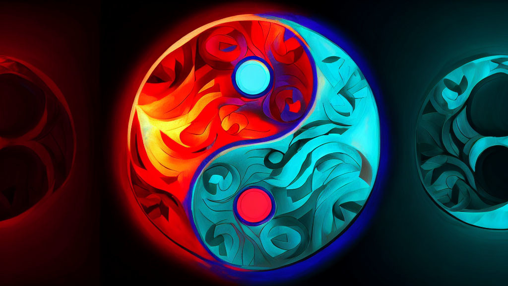 Abstract Image: Fiery Red and Orange Swirls vs Cool Blue Patterns