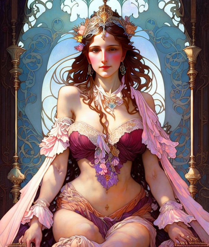 Fantasy artwork of woman with leaf crown and intricate jewelry sitting by ornate blue window