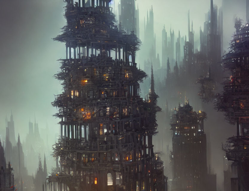 Dystopian cityscape with towering, illuminated, dilapidated buildings