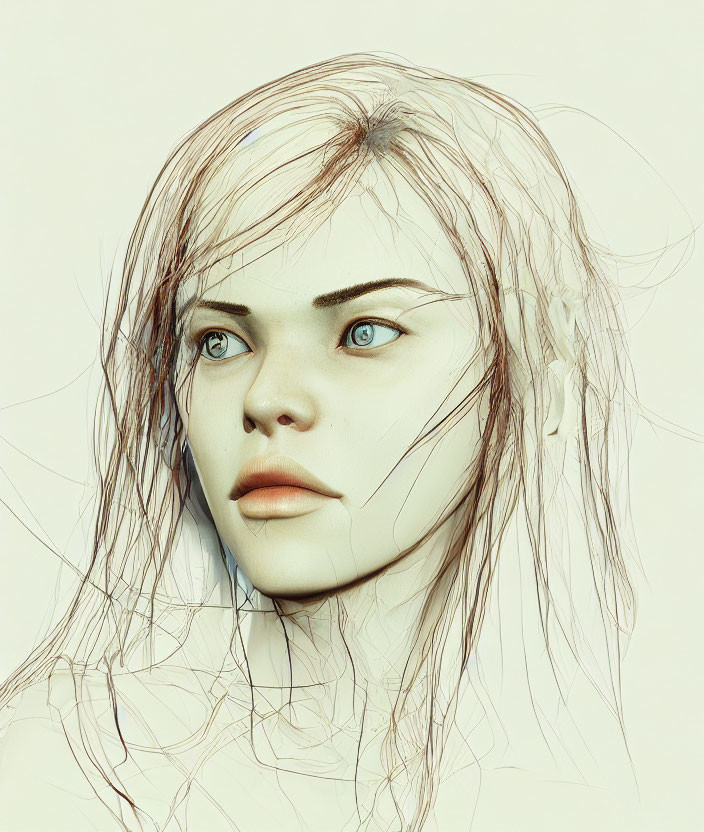 Detailed digital artwork of female face with sketched lines and contours, blue eyes, and intricate hair outline