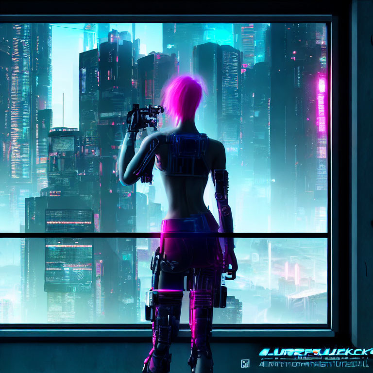 Futuristic cyberpunk art: Pink-haired figure gazes at cityscape