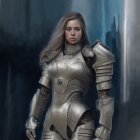 Woman in Full Plate Armor with Long Flowing Hair Stands in Misty Medieval Cityscape