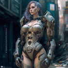 Futuristic digital artwork of woman in silver armor with sword in blueish-grey setting