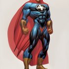 Muscular superhero in blue suit with gold accents and red cape poses confidently