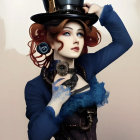 Steampunk-themed woman in top hat and monocle, ruffled blue blouse and corset.