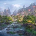 Ethereal misty landscape with rocky islands, greenery, and wildfires in blue waters