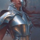 Warrior woman in silver and gold armor with blue eyes